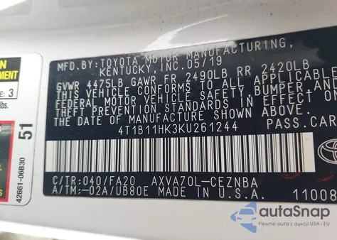 2019 Toyota Camry Le z USA, uszkodzony, nr VIN 4T1B11HK3KU261244